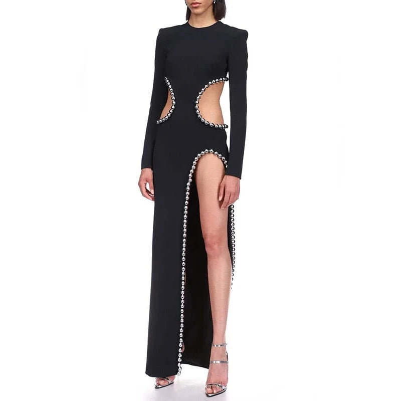 CHICEVER Round Neck Long Sleeve High Waist Split Elegant Women Black Long Dresses