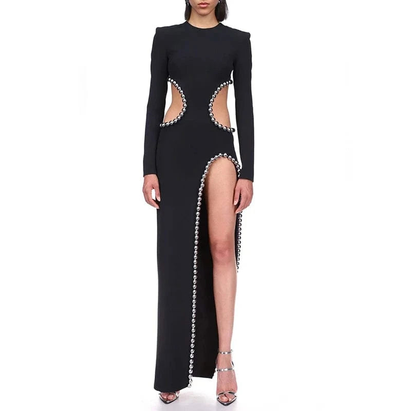CHICEVER Round Neck Long Sleeve High Waist Split Elegant Women Black Long Dresses
