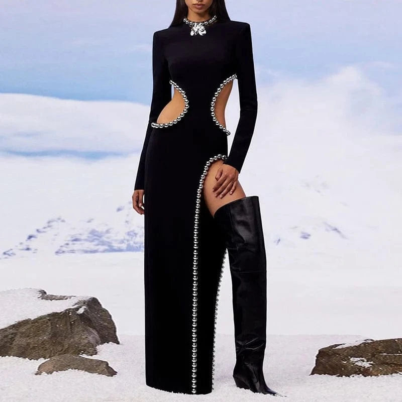 CHICEVER Round Neck Long Sleeve High Waist Split Elegant Women Black Long Dresses
