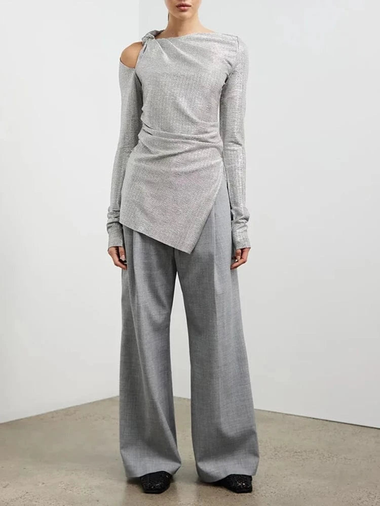 CHICEVER Round Neck Long Sleeve Irregular Hem Long Sleeve Cotton Crop Top Women T-Shirt