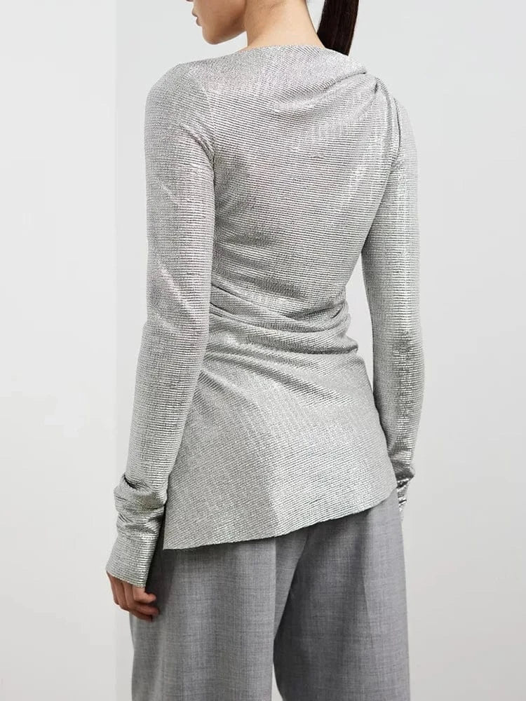 CHICEVER Round Neck Long Sleeve Irregular Hem Long Sleeve Cotton Crop Top Women T-Shirt