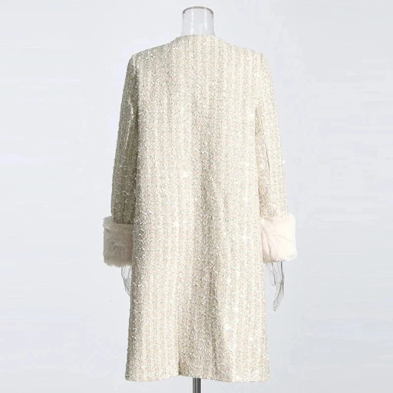 CHICEVER Round Neck Long Sleeve Single Breasted Sequins Patchwork Feathers Winter Jackets For Women 2023