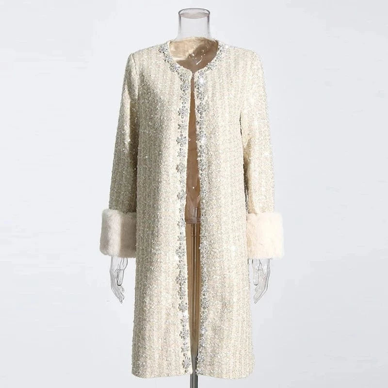 CHICEVER Round Neck Long Sleeve Single Breasted Sequins Patchwork Feathers Winter Jackets For Women 2023