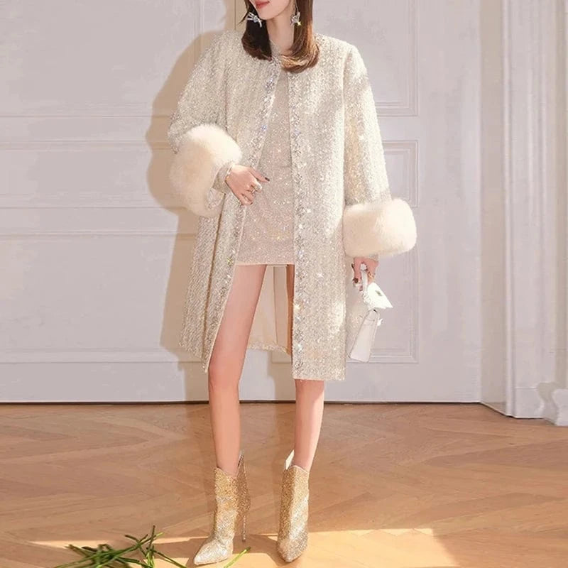 CHICEVER Round Neck Long Sleeve Single Breasted Sequins Patchwork Feathers Winter Jackets For Women 2023