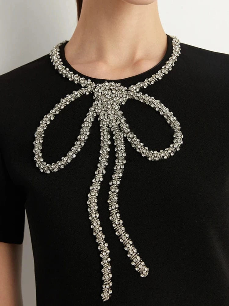 CHICEVER Round Neck Short Sleeve High Waist Patchwork Diamonds Casual Dresses Elegant Woman Dress