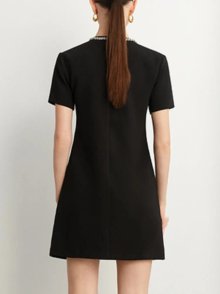 CHICEVER Round Neck Short Sleeve High Waist Patchwork Diamonds Casual Dresses Elegant Woman Dress