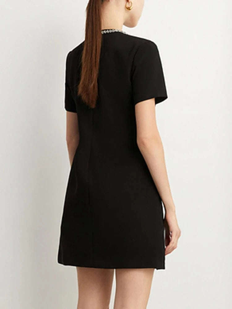 CHICEVER Round Neck Short Sleeve High Waist Patchwork Diamonds Casual Dresses Elegant Woman Dress