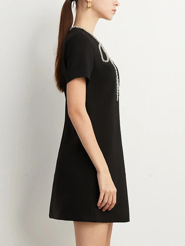 CHICEVER Round Neck Short Sleeve High Waist Patchwork Diamonds Casual Dresses Elegant Woman Dress