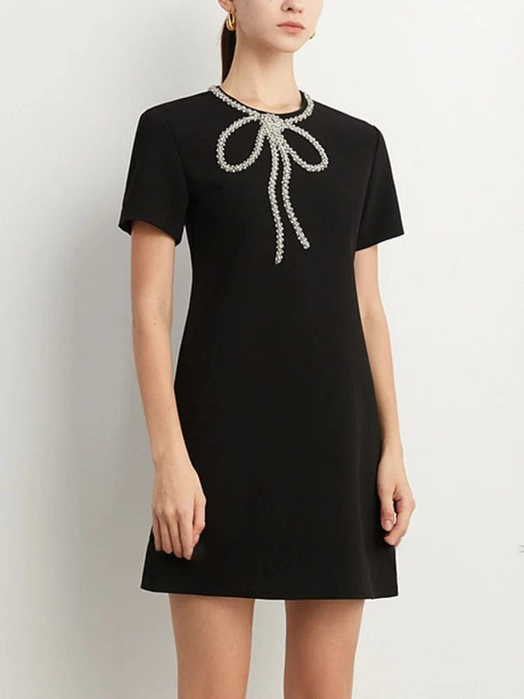 CHICEVER Round Neck Short Sleeve High Waist Patchwork Diamonds Casual Dresses Elegant Woman Dress