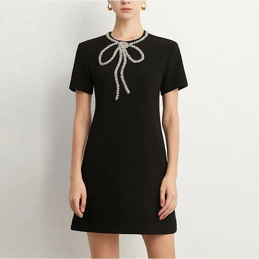 CHICEVER Round Neck Short Sleeve High Waist Patchwork Diamonds Casual Dresses Elegant Woman Dress