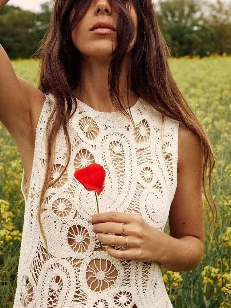 CHICEVER Round Neck Sleeveless Cold Shoulder Irregular Hem Knitted Tops Vest For Women