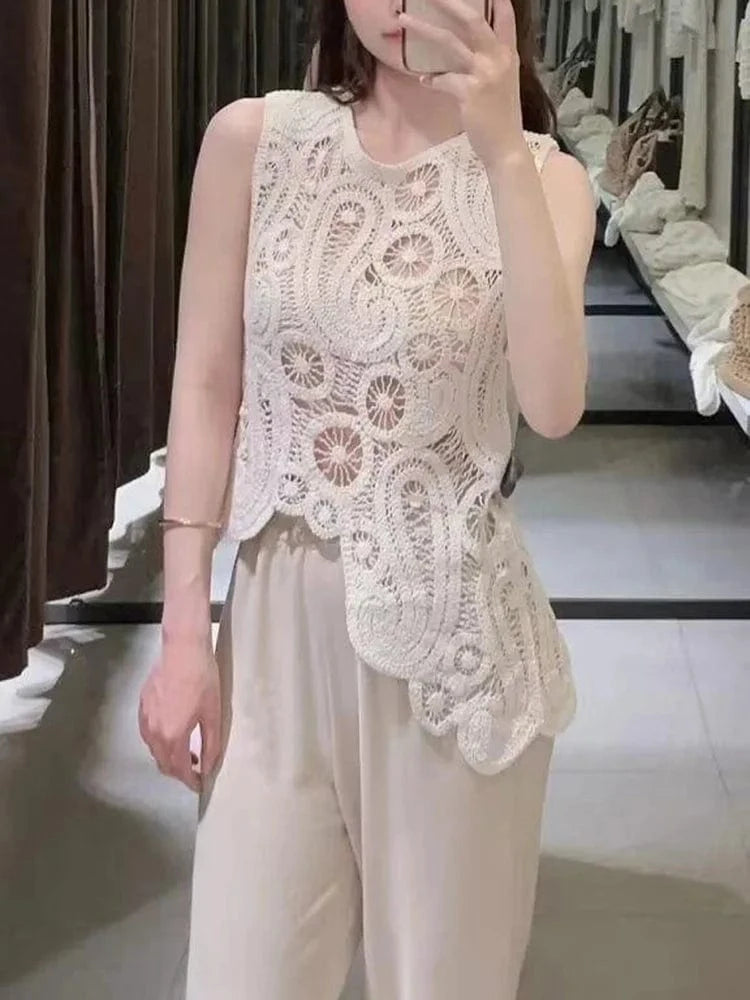 CHICEVER Round Neck Sleeveless Cold Shoulder Irregular Hem Knitted Tops Vest For Women