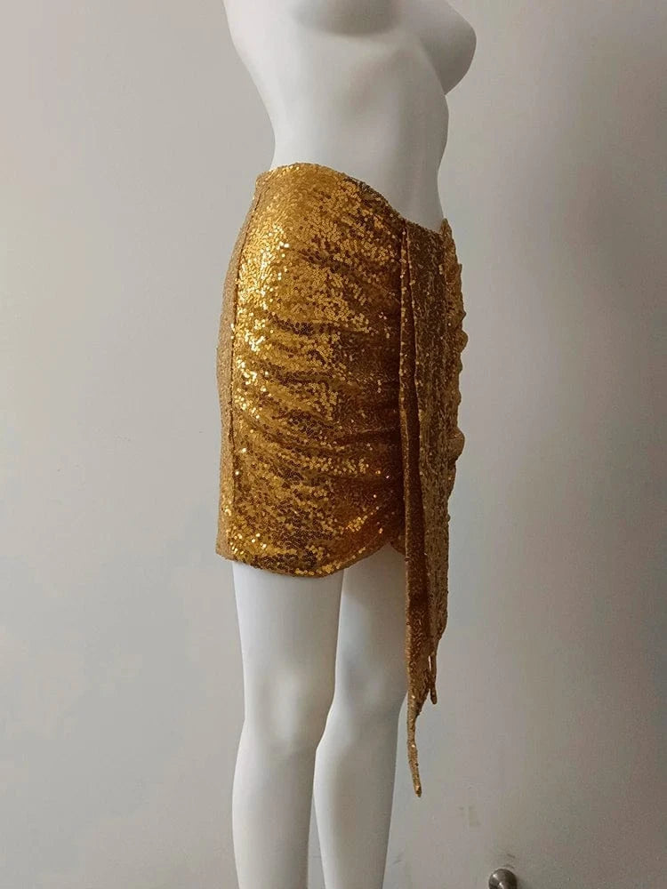 CHICEVER Sexy Fashion Style Splicing Sequins High Waist Fold Design Mini Skirts For Women