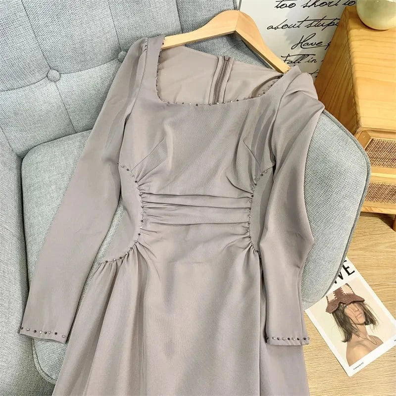CHICEVER Square Collar Long Sleeve High Waist A Line Solid Slimming Long Dresses Dress For Women