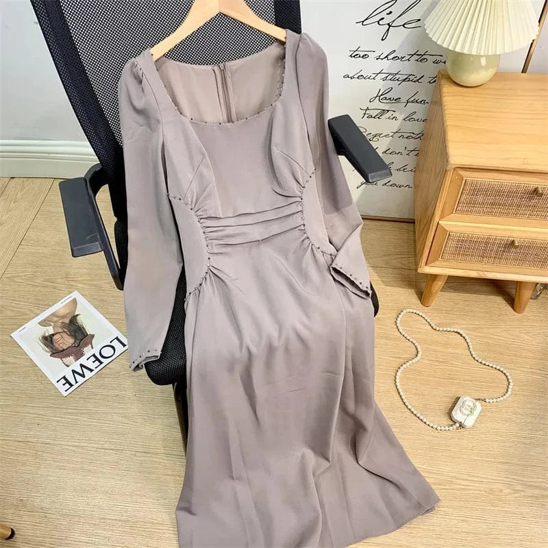 CHICEVER Square Collar Long Sleeve High Waist A Line Solid Slimming Long Dresses Dress For Women