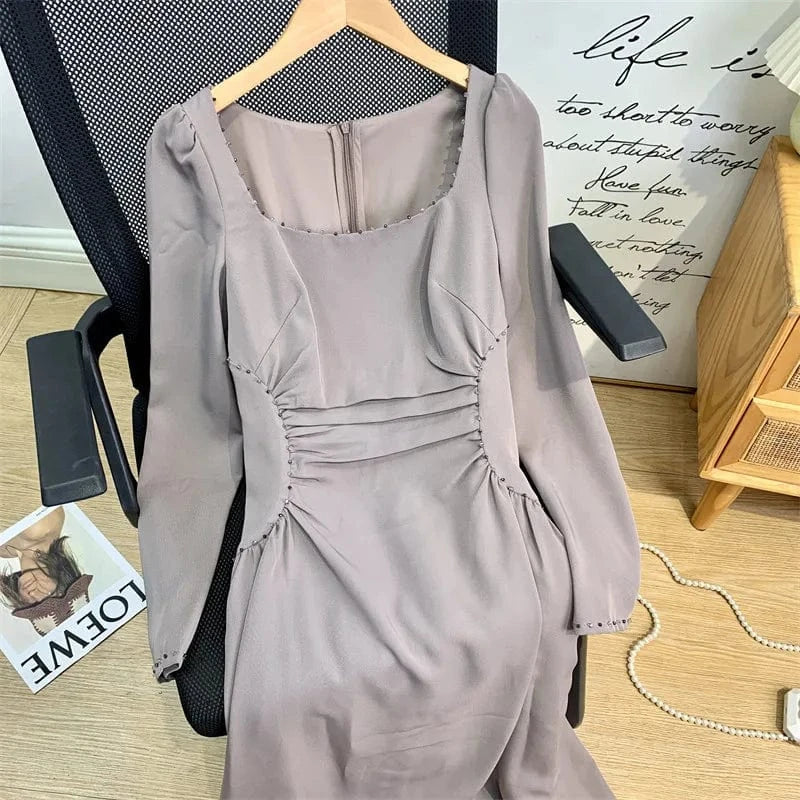 CHICEVER Square Collar Long Sleeve High Waist A Line Solid Slimming Long Dresses Dress For Women