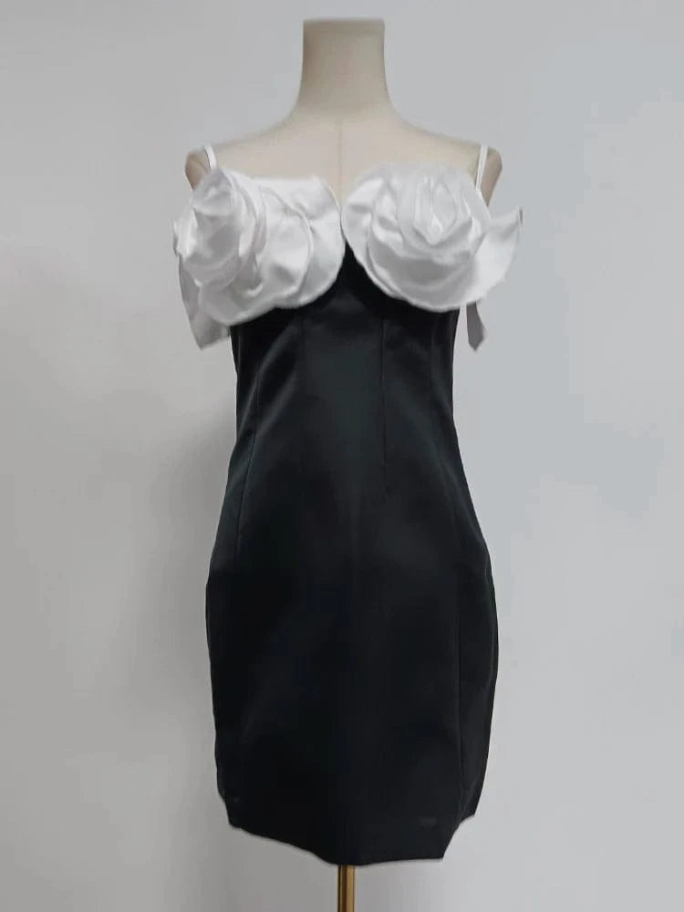 CHICEVER Square Collar Sleeveless High Waist Women Dresses Patchwork Flowers Mini Black Dress 2023