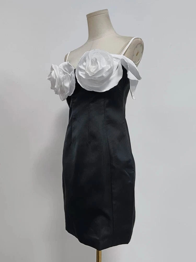 CHICEVER Square Collar Sleeveless High Waist Women Dresses Patchwork Flowers Mini Black Dress 2023