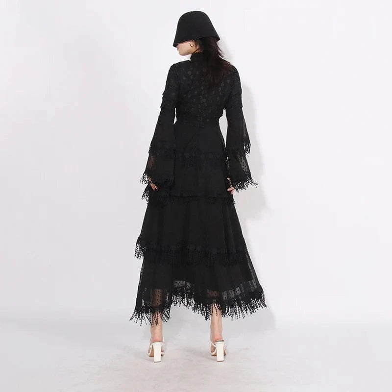 CHICEVER Stand Collar Flare Sleeve High Waist Patchwork Mesh Dresses Long Sleeve Women Long Dress