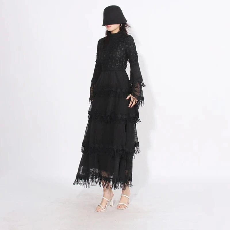 CHICEVER Stand Collar Flare Sleeve High Waist Patchwork Mesh Dresses Long Sleeve Women Long Dress