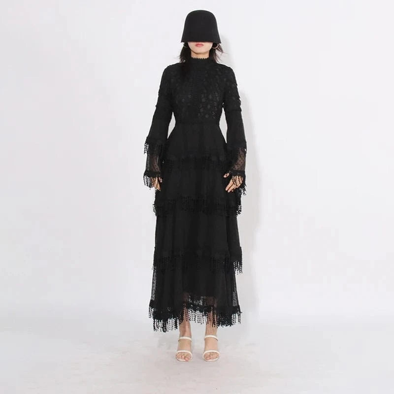 CHICEVER Stand Collar Flare Sleeve High Waist Patchwork Mesh Dresses Long Sleeve Women Long Dress