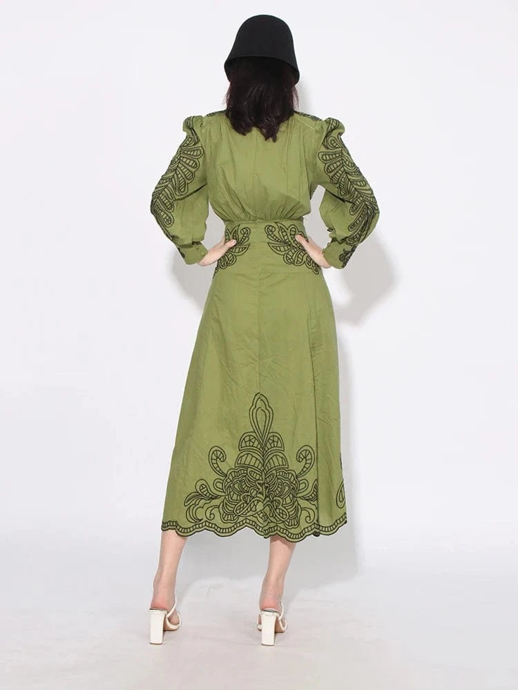 CHICEVER Stand Collar Lantern Sleeve High Waist Long Sleeve Dresses Long Dress For Women