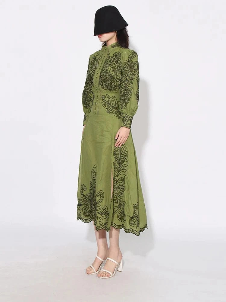 CHICEVER Stand Collar Lantern Sleeve High Waist Long Sleeve Dresses Long Dress For Women