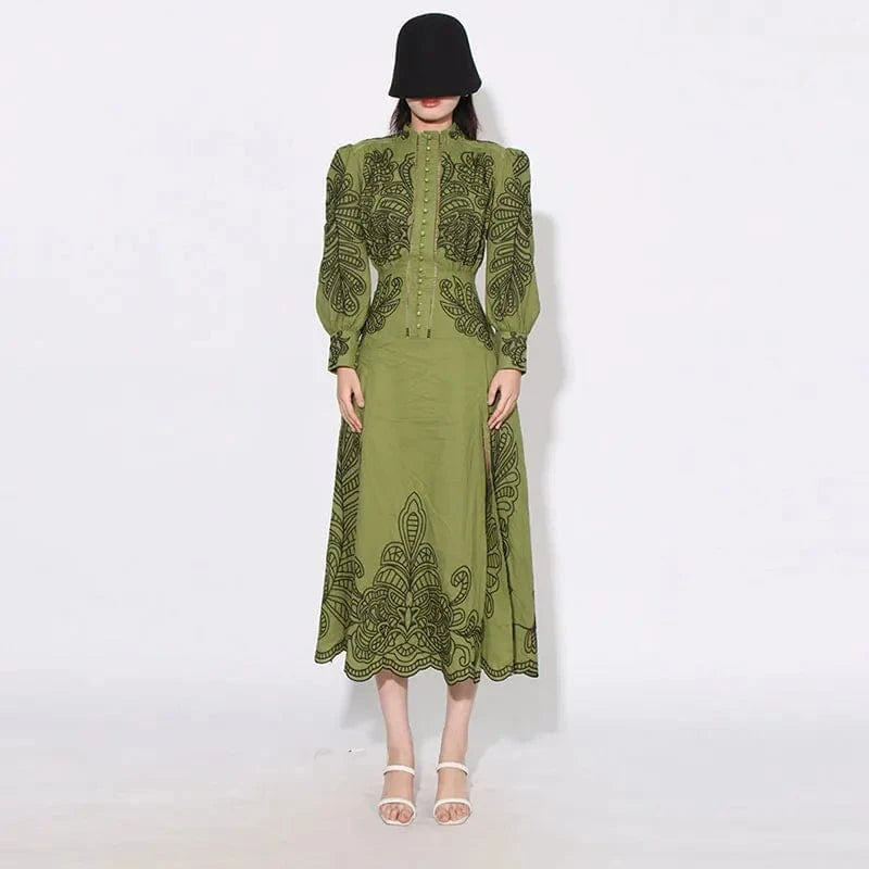 CHICEVER Stand Collar Lantern Sleeve High Waist Long Sleeve Dresses Long Dress For Women