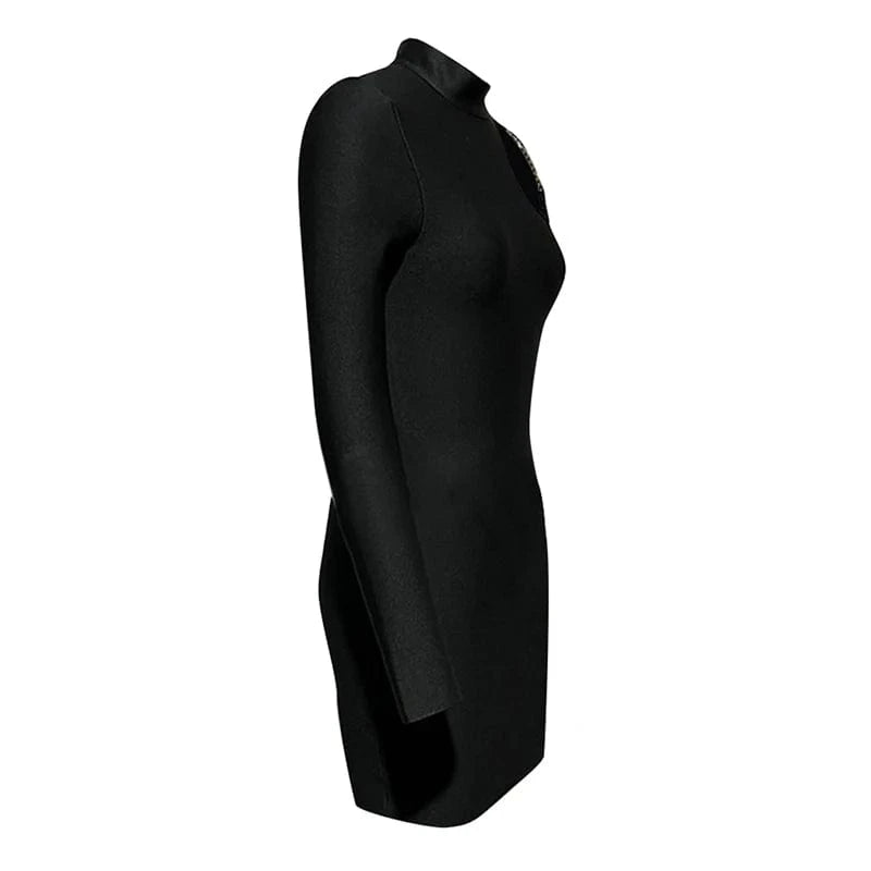 CHICEVER Stand Collar One Shoulder Sleeve High Waist A Line Patchwork Diamonds Women Mini Black Dresses