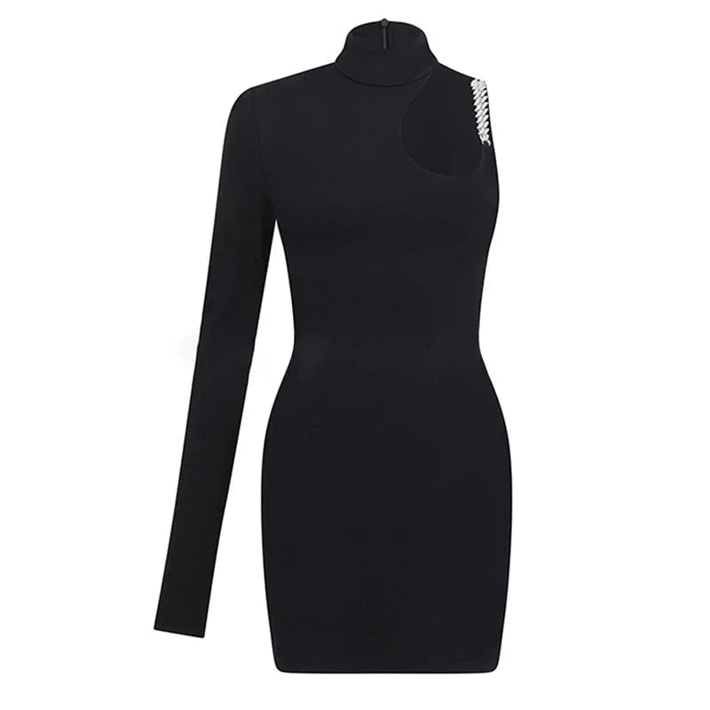 CHICEVER Stand Collar One Shoulder Sleeve High Waist A Line Patchwork Diamonds Women Mini Black Dresses