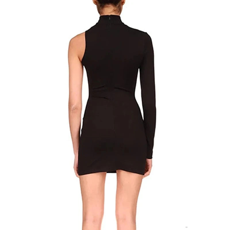 CHICEVER Stand Collar One Shoulder Sleeve High Waist A Line Patchwork Diamonds Women Mini Black Dresses