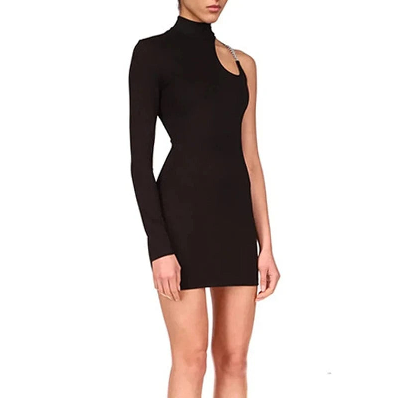 CHICEVER Stand Collar One Shoulder Sleeve High Waist A Line Patchwork Diamonds Women Mini Black Dresses