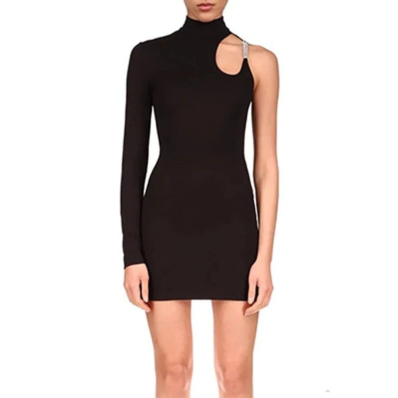 CHICEVER Stand Collar One Shoulder Sleeve High Waist A Line Patchwork Diamonds Women Mini Black Dresses