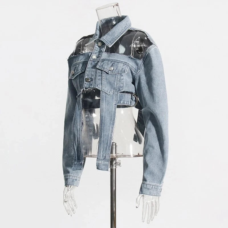 CHICEVER Streetwear Solid Hollow Out Lapel Long Sleeve Single Breasted Women Denim Jackets