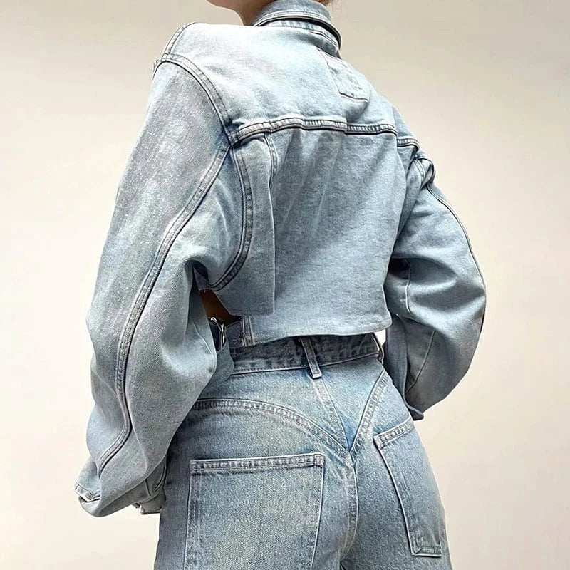 CHICEVER Streetwear Solid Hollow Out Lapel Long Sleeve Single Breasted Women Denim Jackets