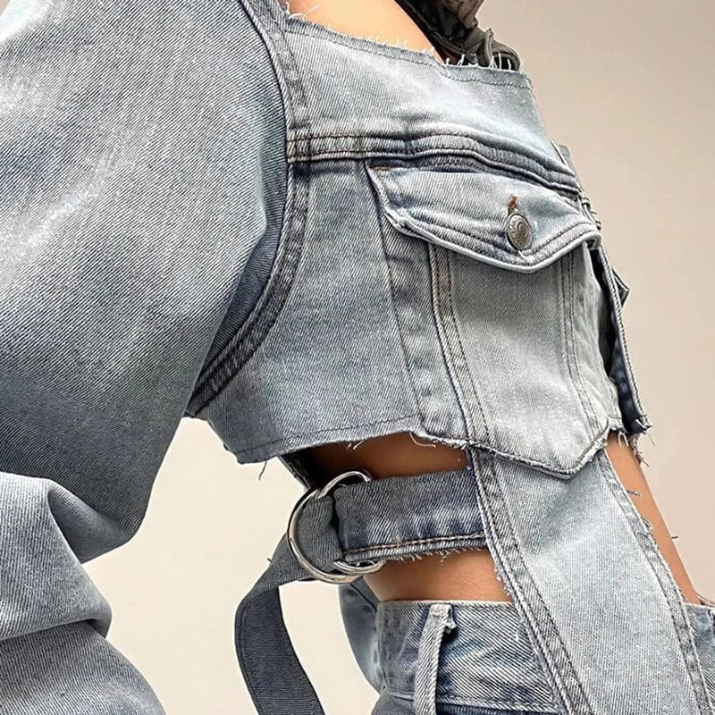 CHICEVER Streetwear Solid Hollow Out Lapel Long Sleeve Single Breasted Women Denim Jackets