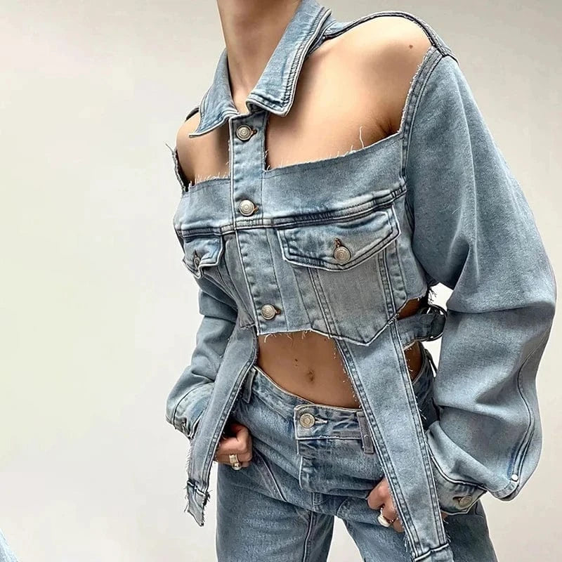 CHICEVER Streetwear Solid Hollow Out Lapel Long Sleeve Single Breasted Women Denim Jackets