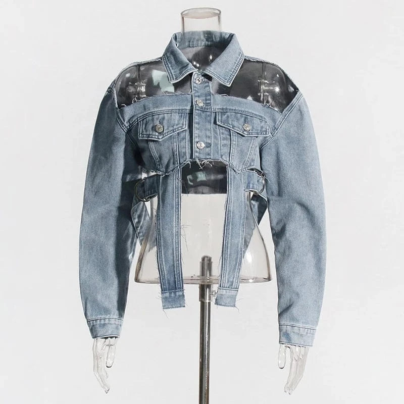 CHICEVER Streetwear Solid Hollow Out Lapel Long Sleeve Single Breasted Women Denim Jackets