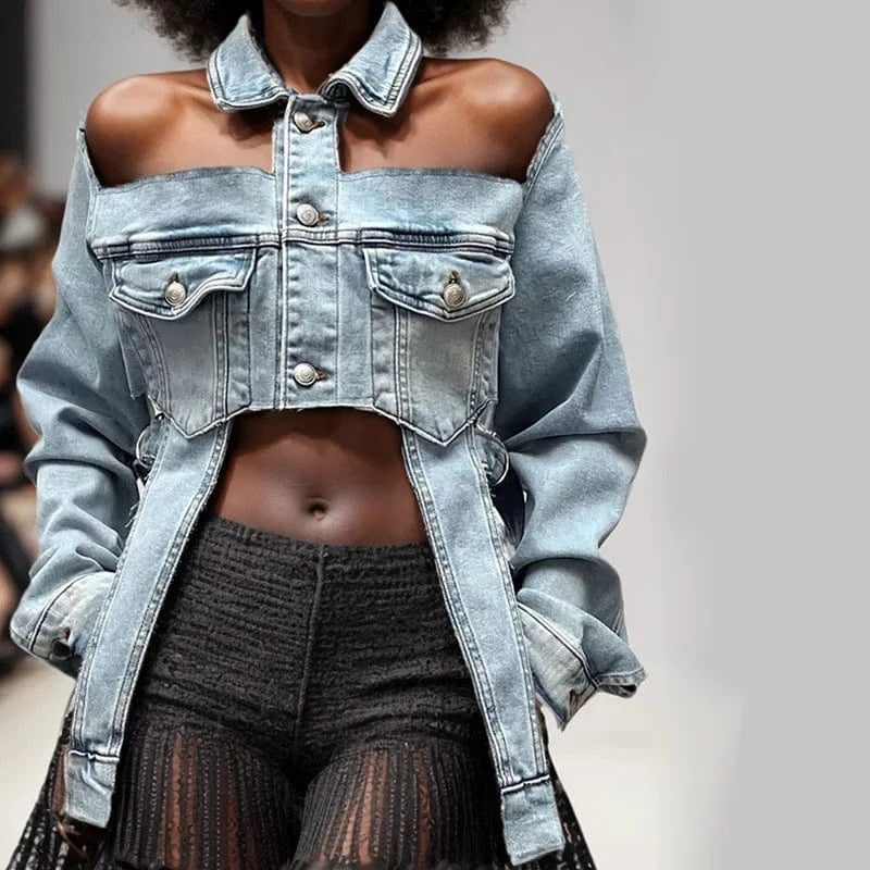 CHICEVER Streetwear Solid Hollow Out Lapel Long Sleeve Single Breasted Women Denim Jackets