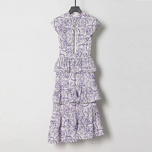 CHICEVER Summer Printed Dress Hollow Out Sleeveless Layered Ruffles Hem Midi Dresses Women