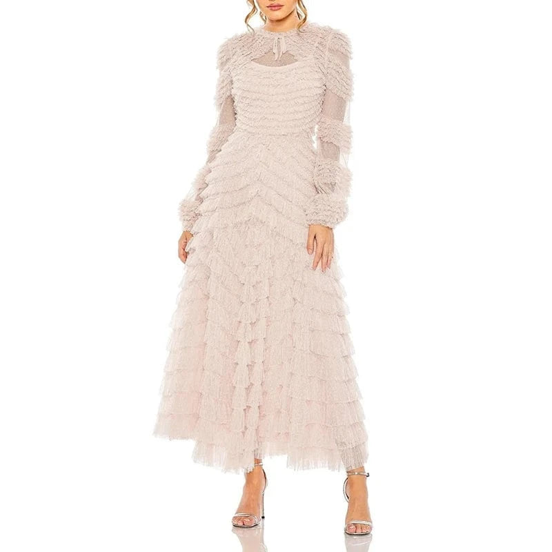 CHICEVER Temperament Patchwork Mesh Long Sleeve Dresses Woman Long Bodycon Dress