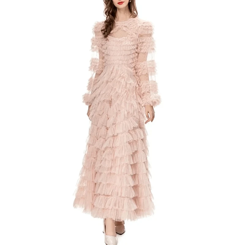 CHICEVER Temperament Patchwork Mesh Long Sleeve Dresses Woman Long Bodycon Dress