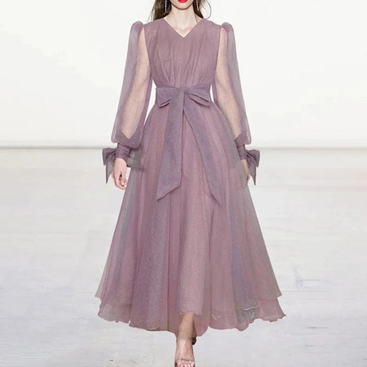 CHICEVER V Neck Long Sleeve High Waist Solid Loose A Line Dresses Long Sleeve Bodycon Dress