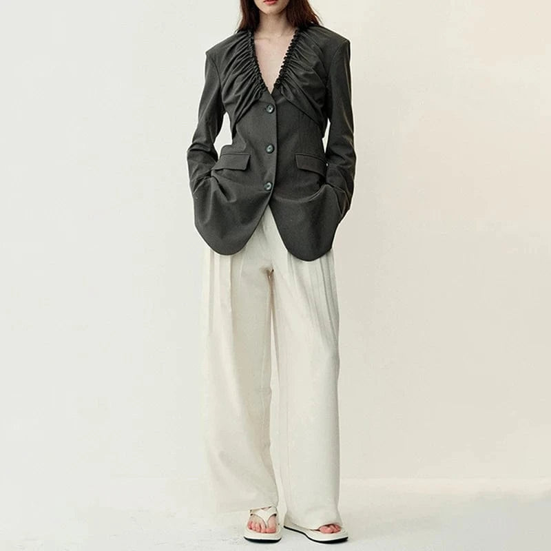 CHICEVER V Neck Long Sleeve Single Breasted Spliced Pockets Ladies Black Woman Blazer