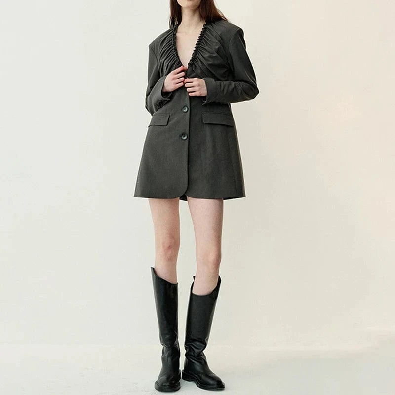 CHICEVER V Neck Long Sleeve Single Breasted Spliced Pockets Ladies Black Woman Blazer