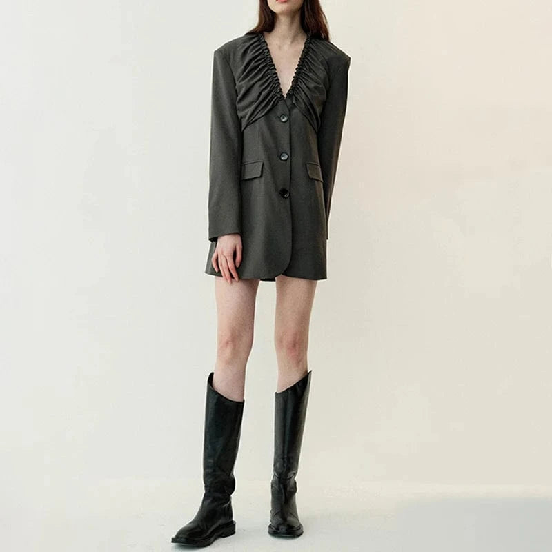 CHICEVER V Neck Long Sleeve Single Breasted Spliced Pockets Ladies Black Woman Blazer