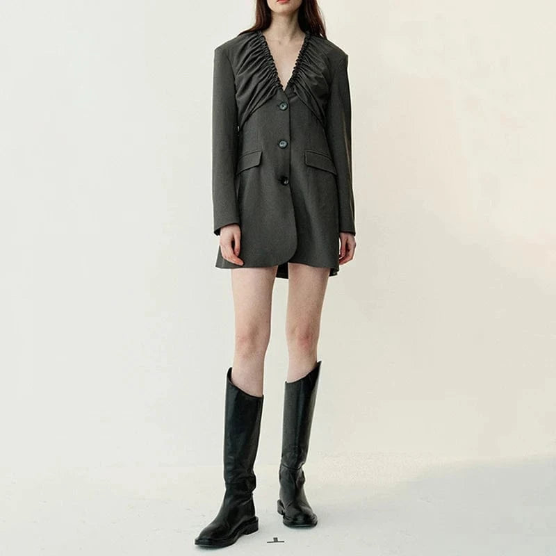 CHICEVER V Neck Long Sleeve Single Breasted Spliced Pockets Ladies Black Woman Blazer