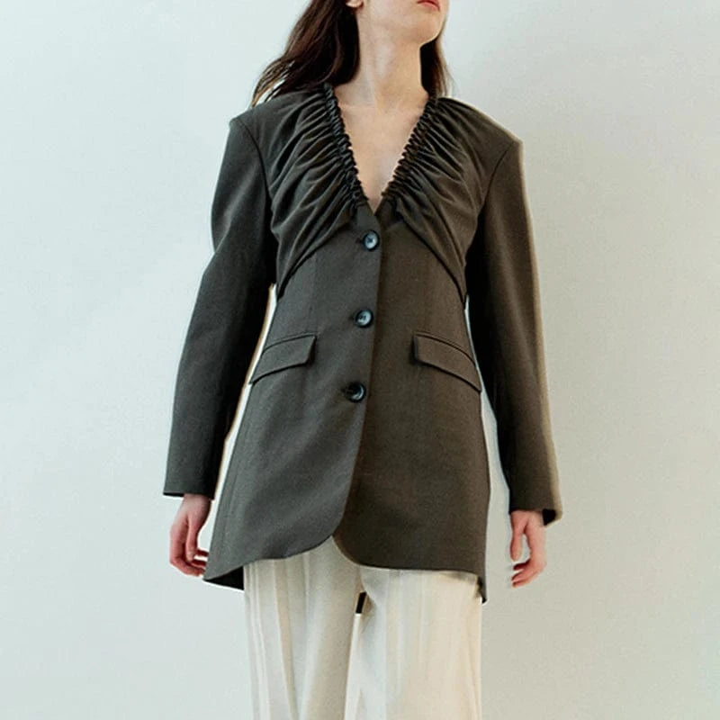 CHICEVER V Neck Long Sleeve Single Breasted Spliced Pockets Ladies Black Woman Blazer