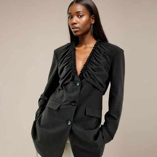 CHICEVER V Neck Long Sleeve Single Breasted Spliced Pockets Ladies Black Woman Blazer