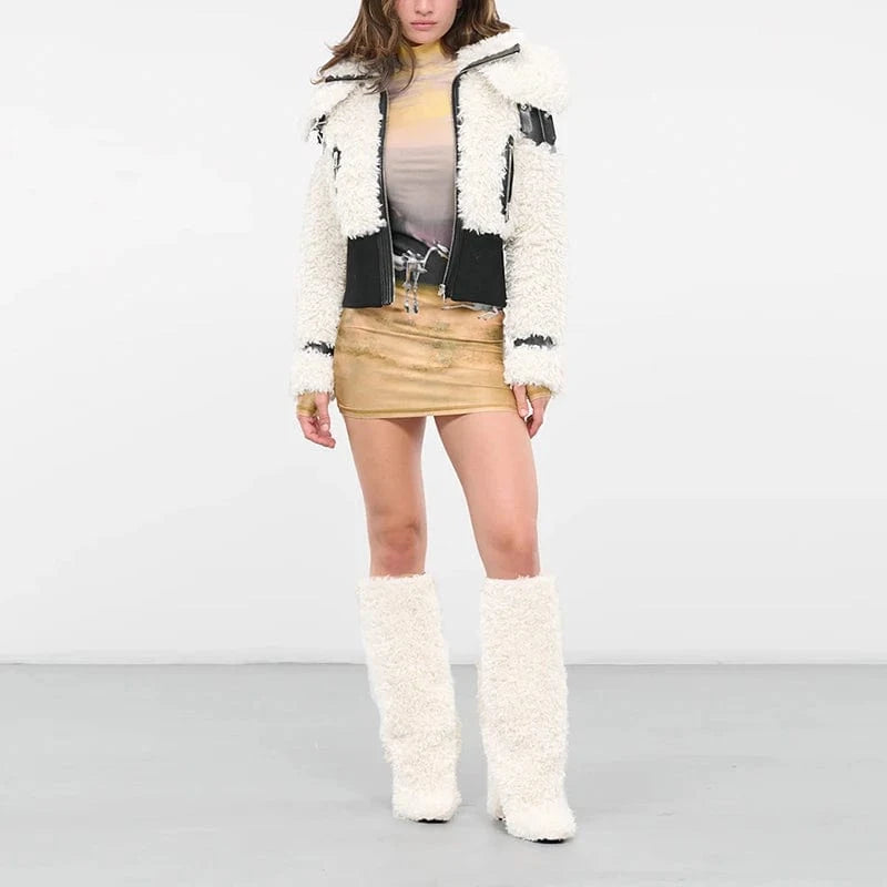 CHICEVER Winter Colorblock Loose Long Sleeve Patchwork Zippers Fur Jackets For Women 2023